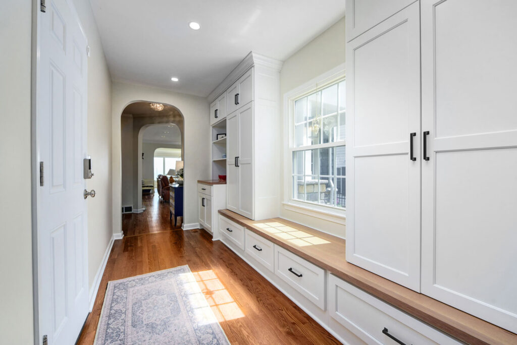 White Cabinets in Hallway Wooden Floors